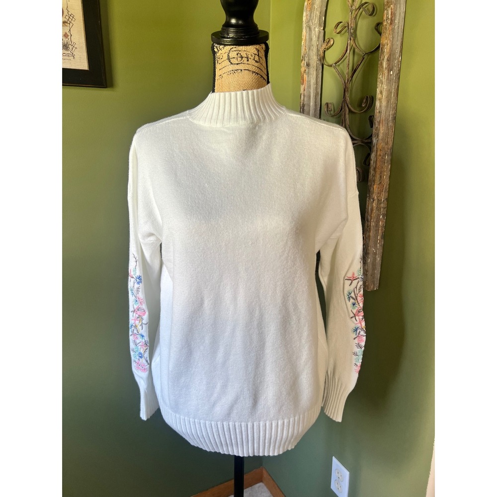 White Mock Neck Floral Embroidered Sleeve Knit Sweater XL Pullover twee feminine